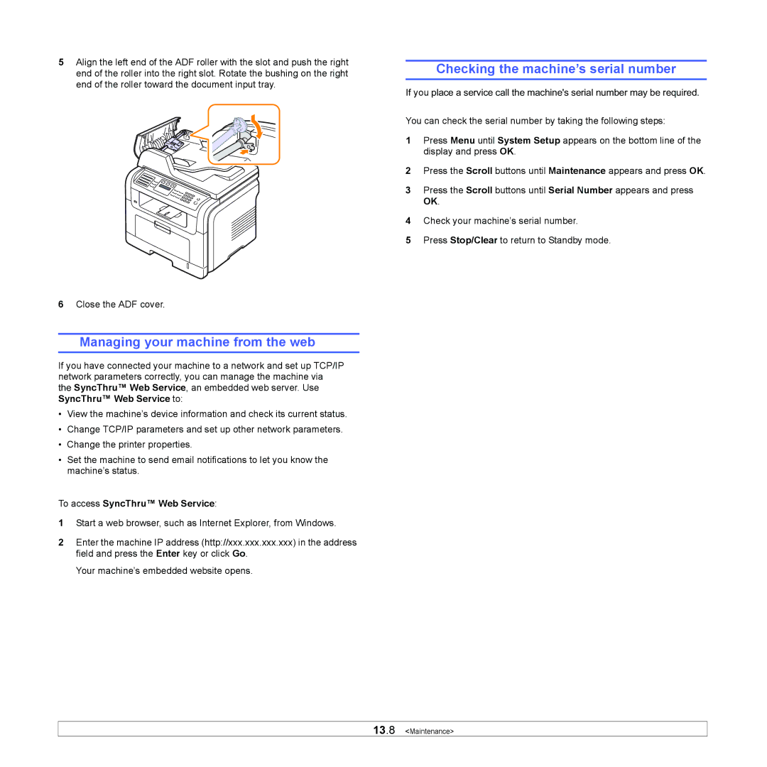 Muratec MFX-3050 Managing your machine from the web, Checking the machine’s serial number, To access SyncThru Web Service 