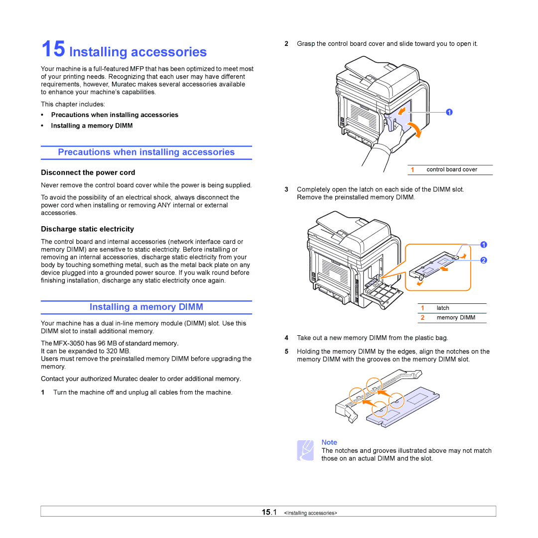 Muratec MFX-3050 manual Installing accessories, Precautions when installing accessories, Installing a memory Dimm 