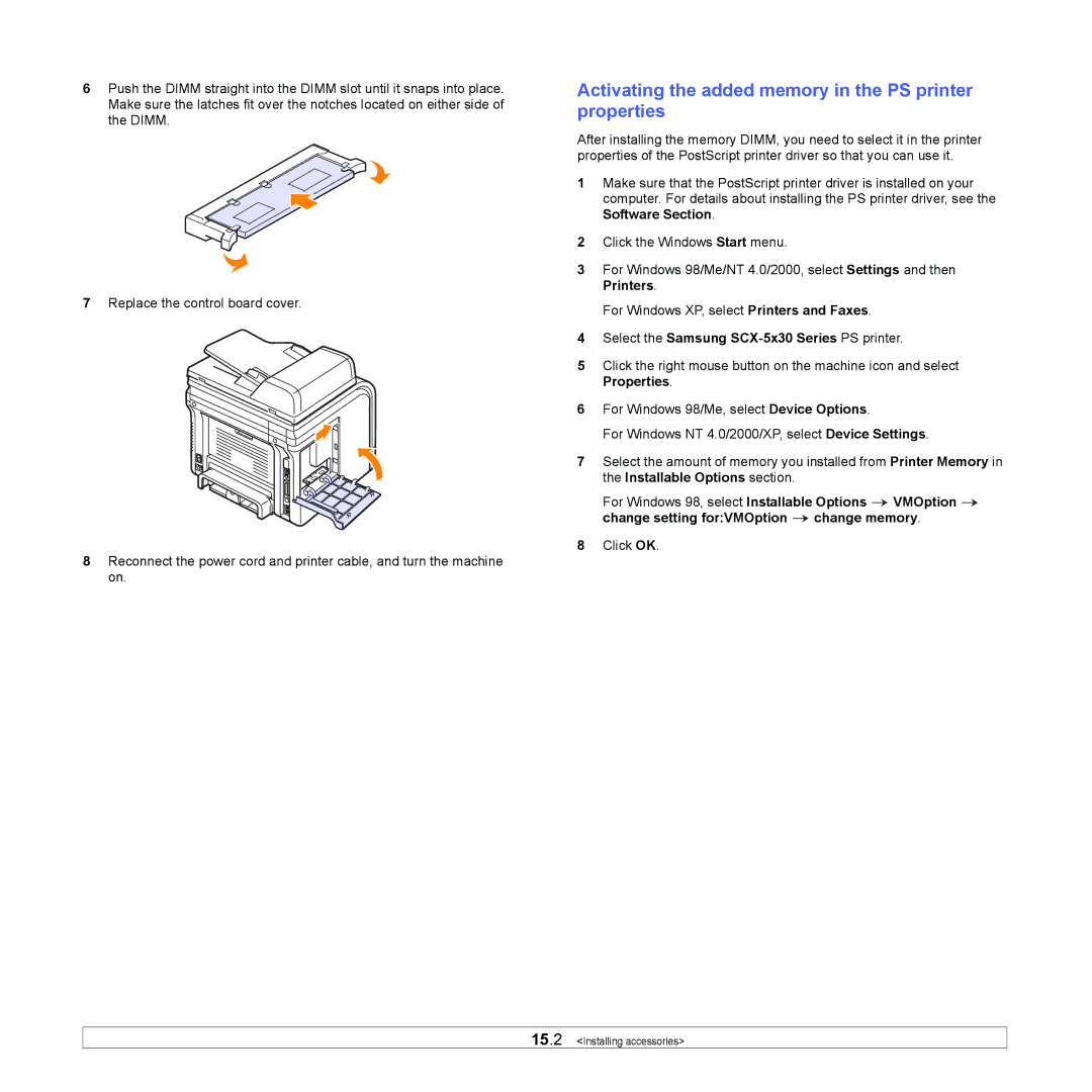 Muratec MFX-3050 Activating the added memory in the PS printer properties, Select the Samsung SCX-5x30 Series PS printer 