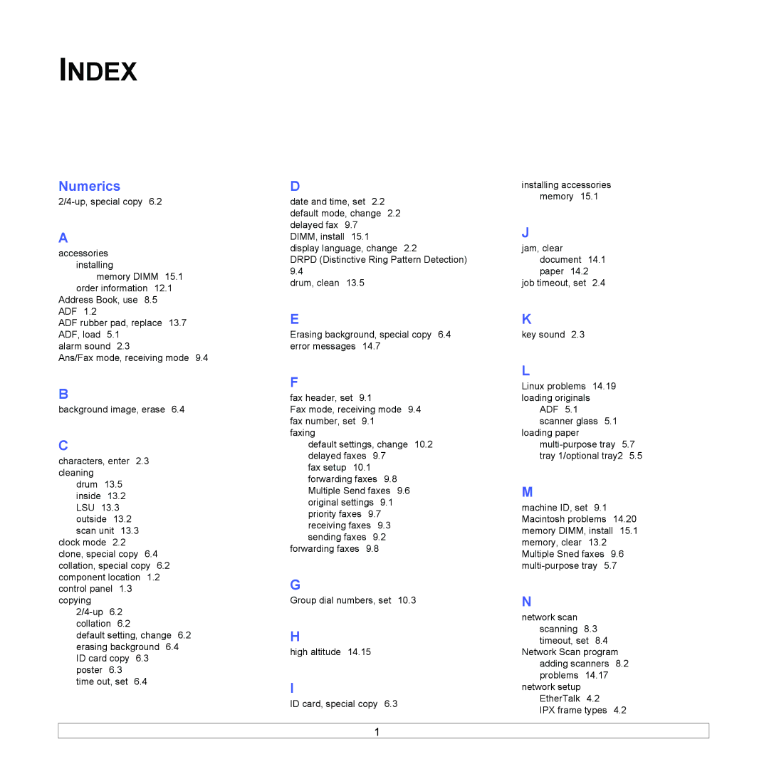 Muratec MFX-3050 manual Index, Numerics 