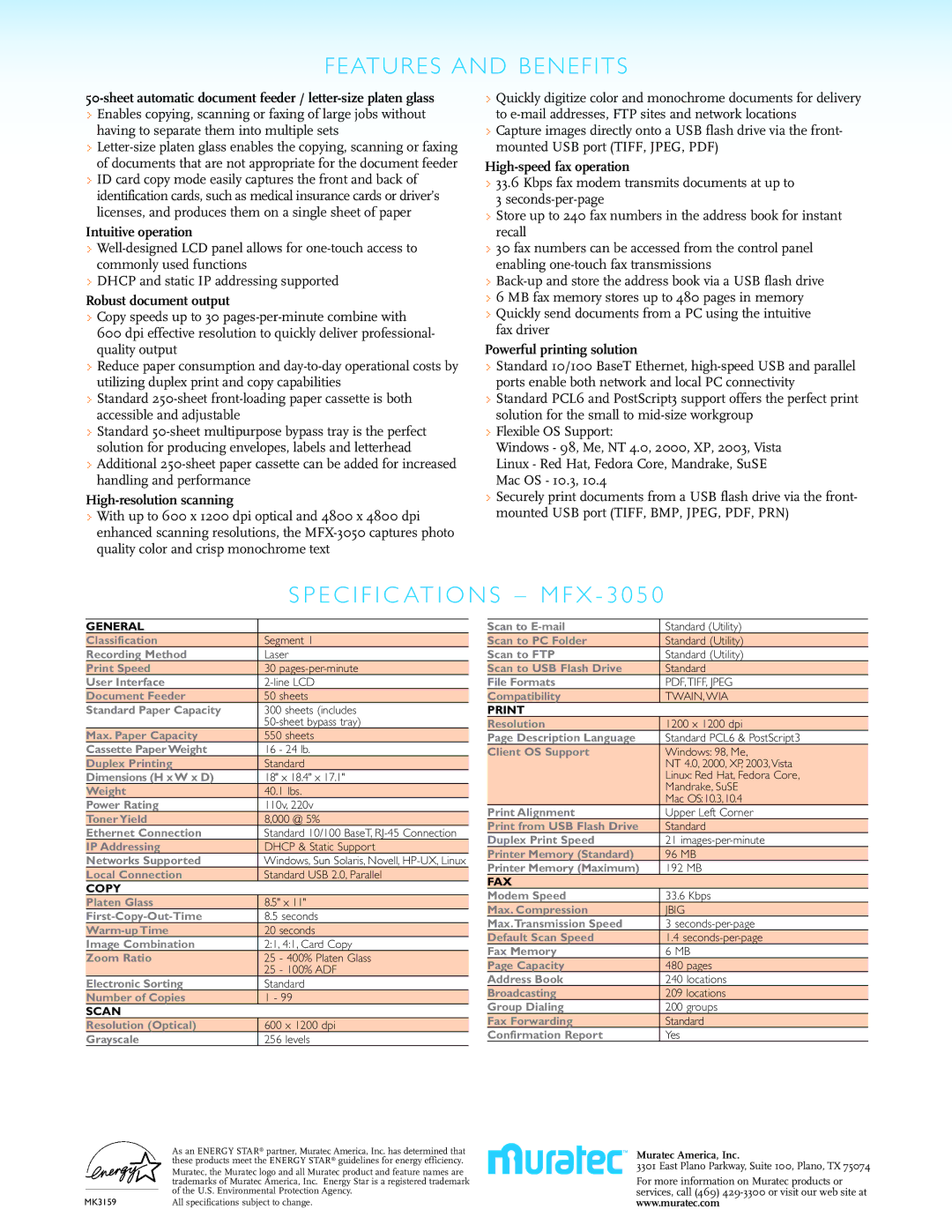 Muratec MFX-3050 manual Intuitive operation, Robust document output, High-resolution scanning, High-speed fax operation 