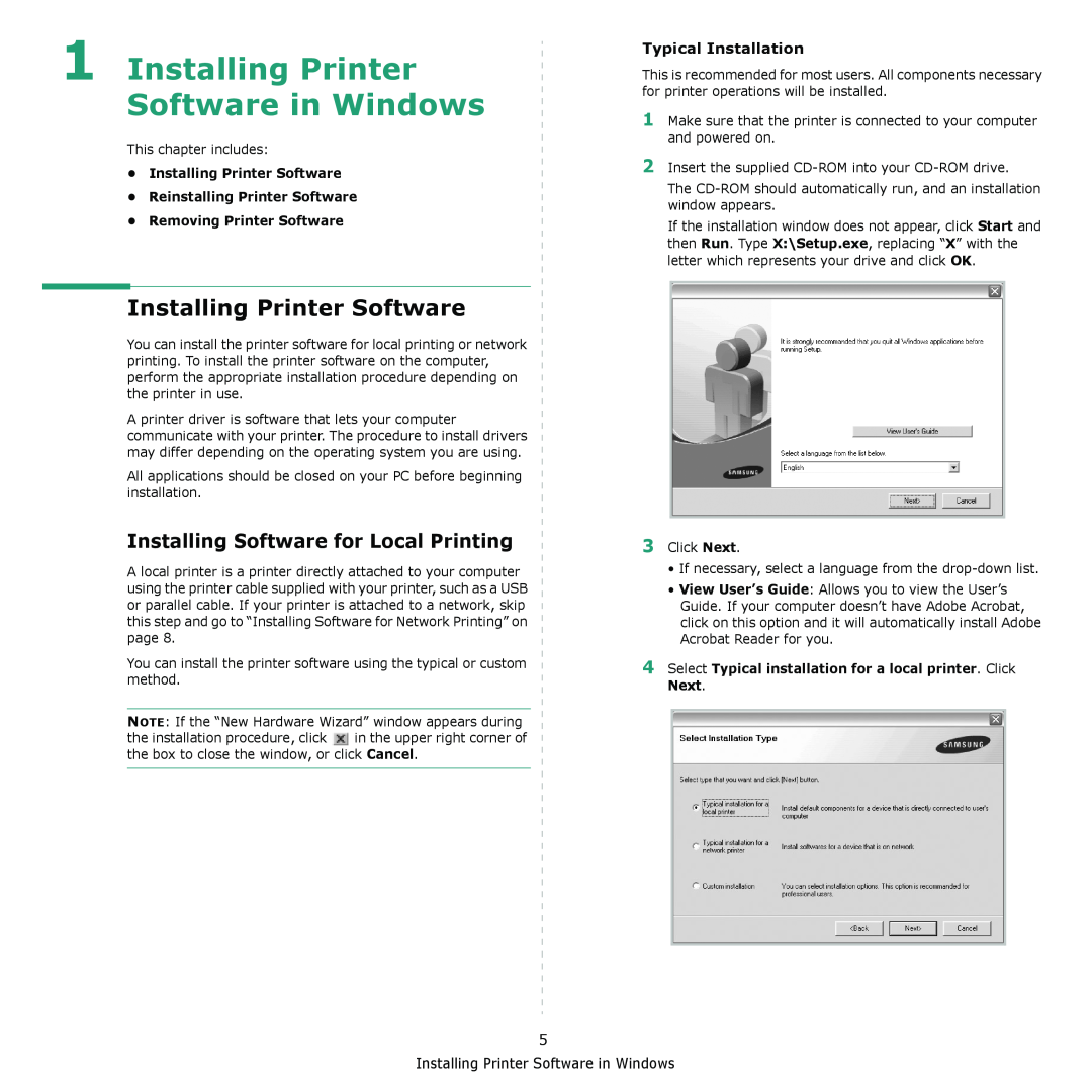 Muratec MFX-3050 Installing Printer Software in Windows, Installing Software for Local Printing, Typical Installation 