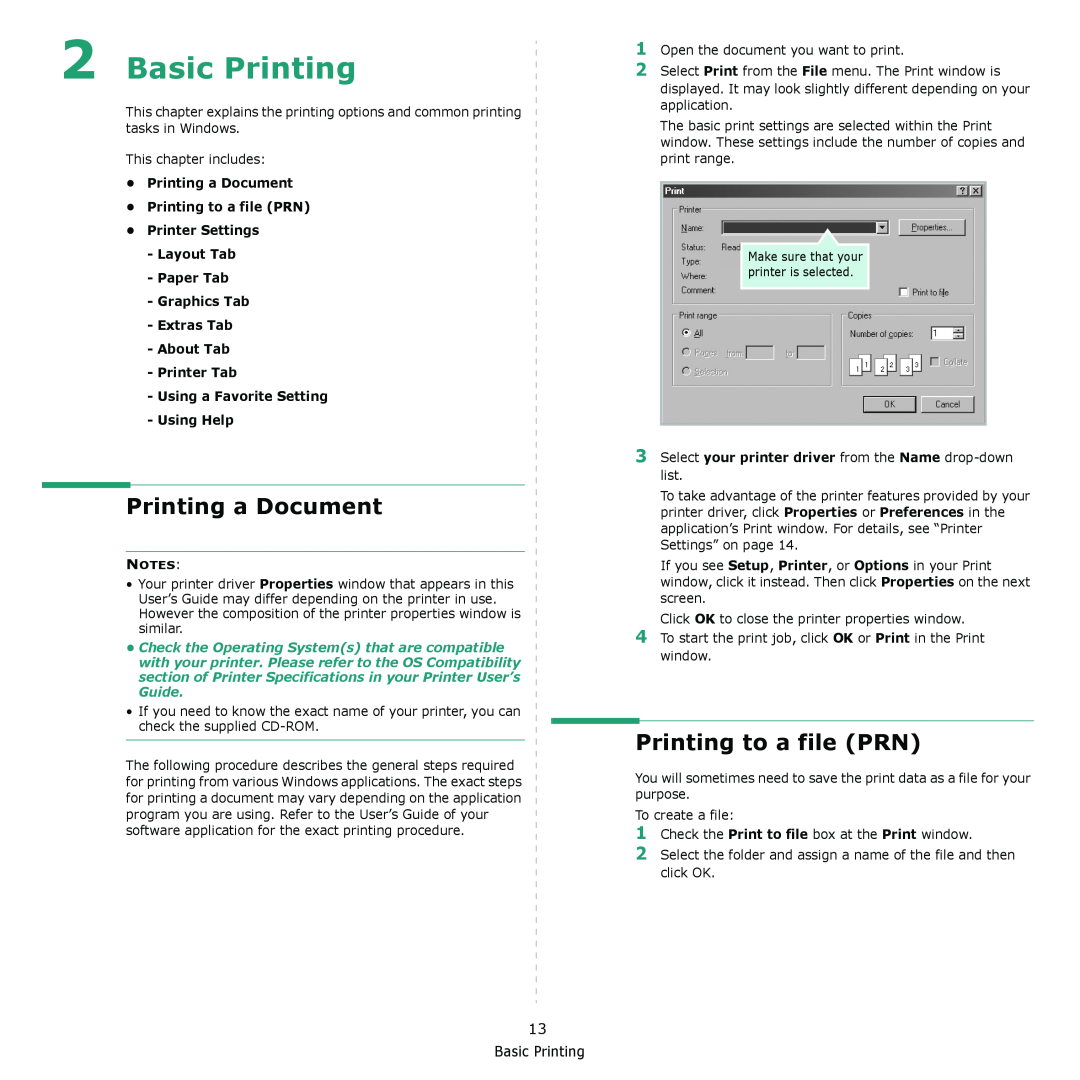 Muratec MFX-3050 manual Basic Printing, Printing a Document, Printing to a file PRN, Using a Favorite Setting Using Help 