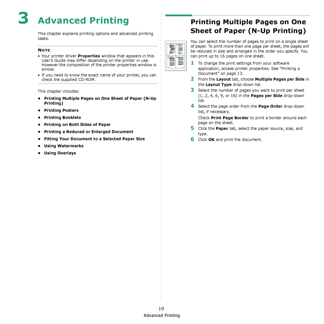 Muratec MFX-3050 manual Advanced Printing, Printing Multiple Pages on One Sheet of Paper N-Up Printing, Using Overlays 