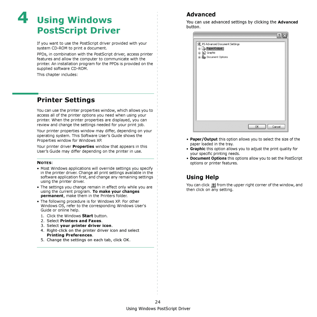 Muratec MFX-3050 manual Using Windows PostScript Driver, Advanced, Printer Settings, Using Help 
