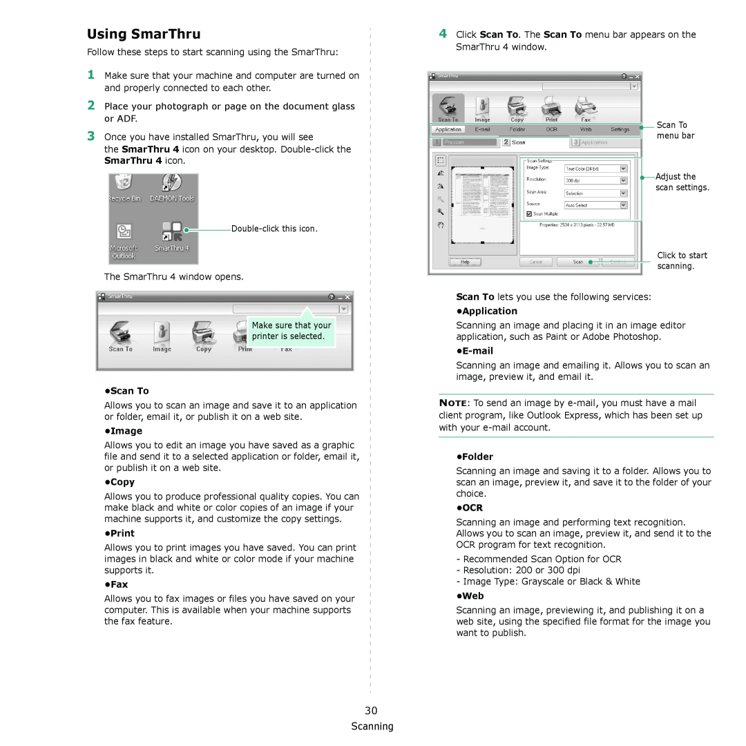 Muratec MFX-3050 manual Using SmarThru, Scan To, Image, Copy, Print, Application, E-mail, Folder 