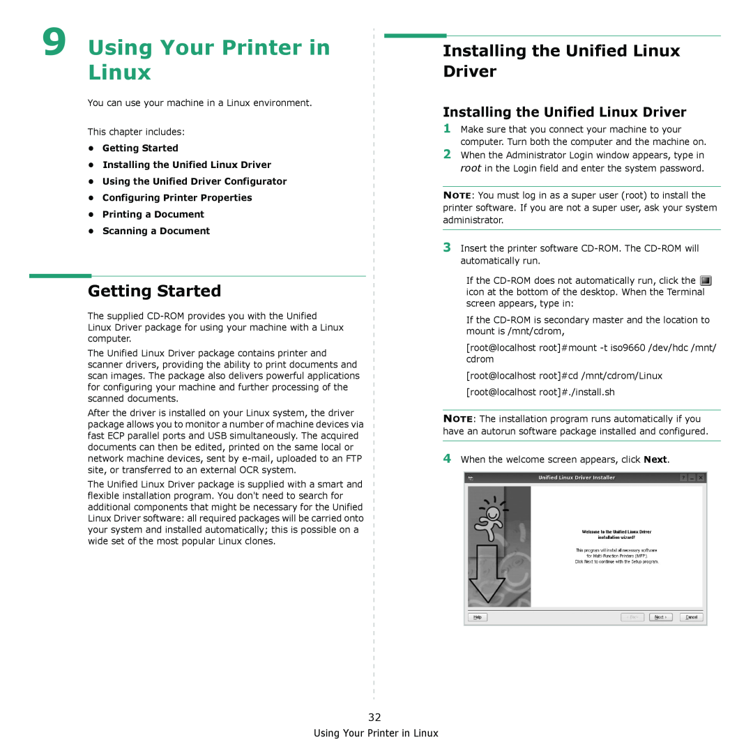 Muratec MFX-3050 manual Using Your Printer in Linux, Installing the Unified Linux Driver, Getting Started 
