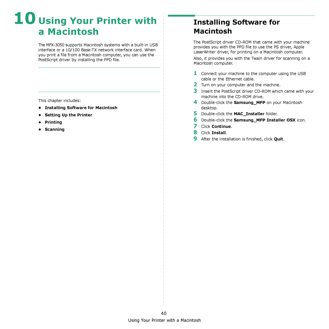 Muratec MFX-3050 manual 10Using Your Printer with a Macintosh, Installing Software for Macintosh, Scanning 