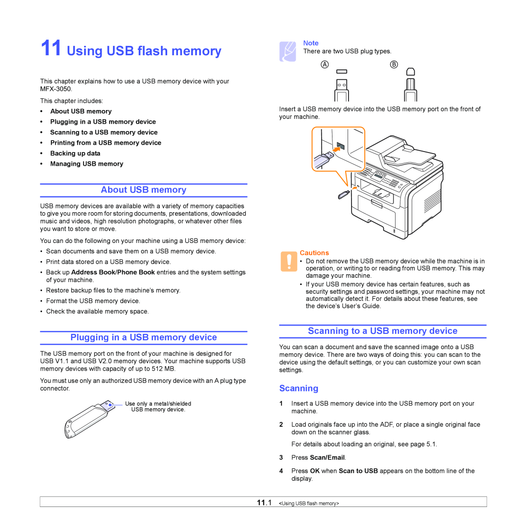 Muratec MFX-3050 manual Using USB flash memory, About USB memory, Plugging in a USB memory device, Scanning, Cautions 