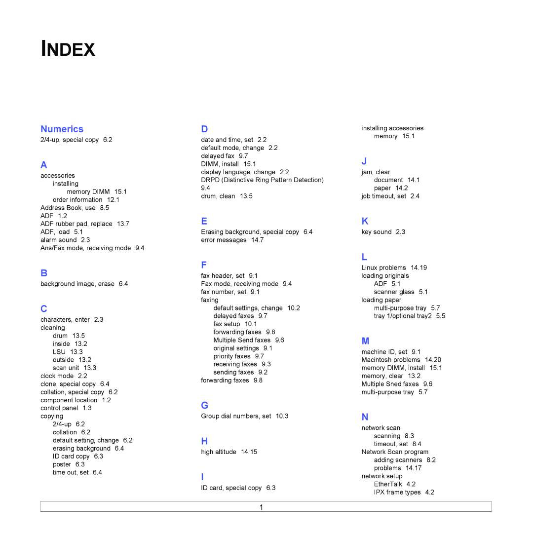 Muratec MFX-3050 manual Numerics, Index 
