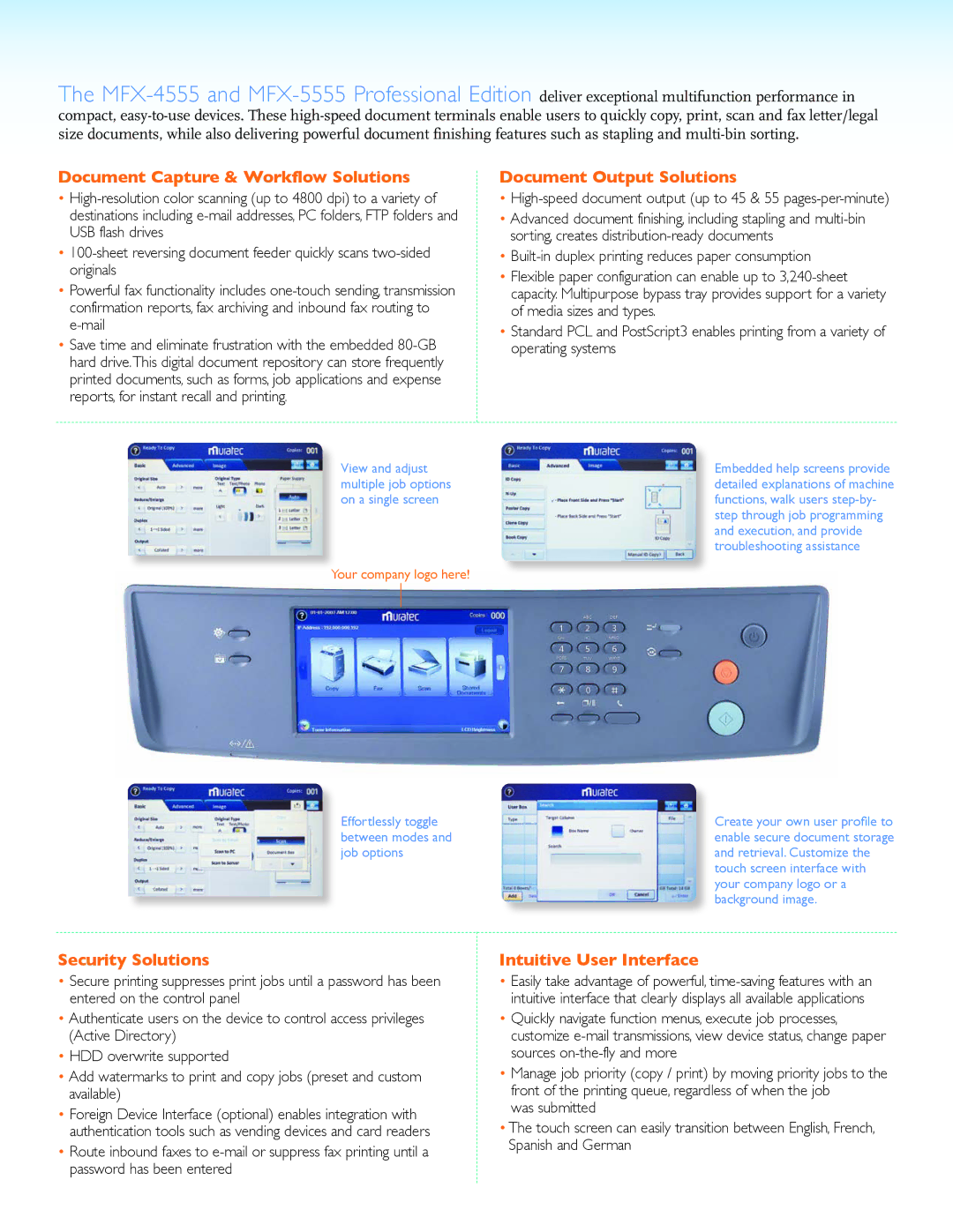 Muratec MFX-4555, MFX-5555 manual Document Capture & Workflow Solutions, Document Output Solutions, Security Solutions 