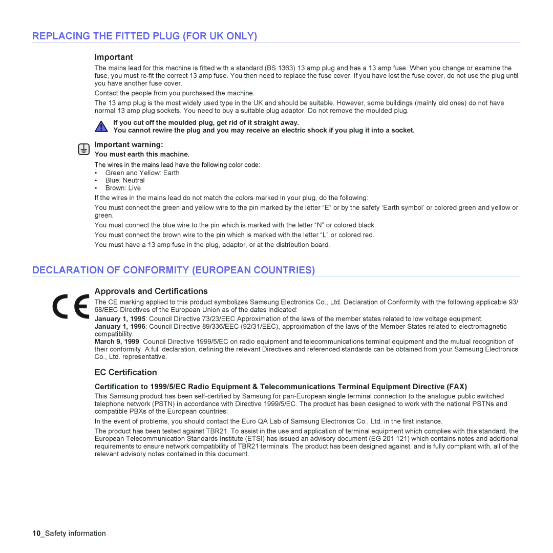 Muratec MFX-C2500 Replacing the Fitted Plug for UK only, Declaration of Conformity European Countries, EC Certification 