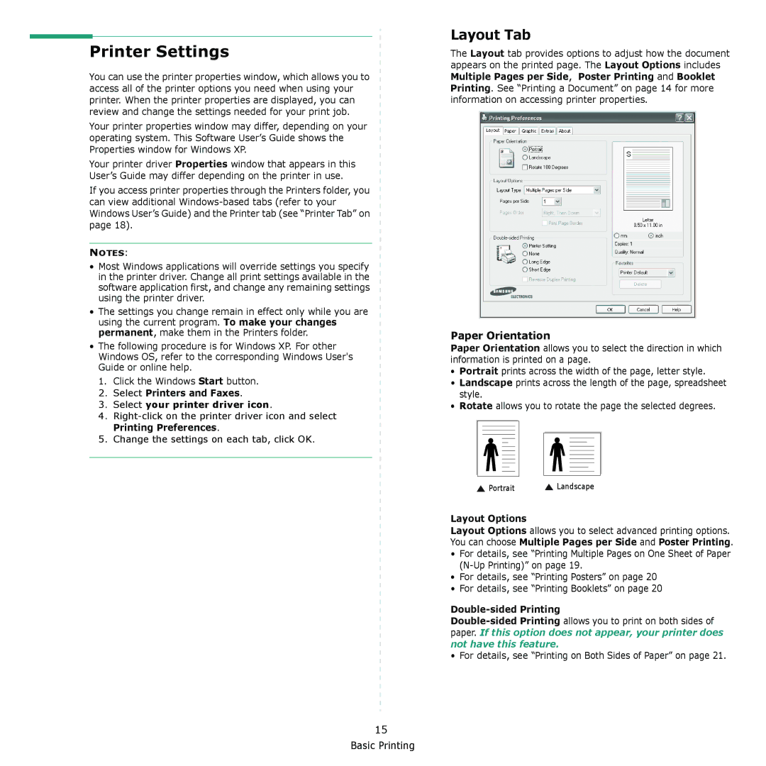 Muratec MFX-C2500 Printer Settings, Layout Tab, Select Printers and Faxes Select your printer driver icon, Layout Options 