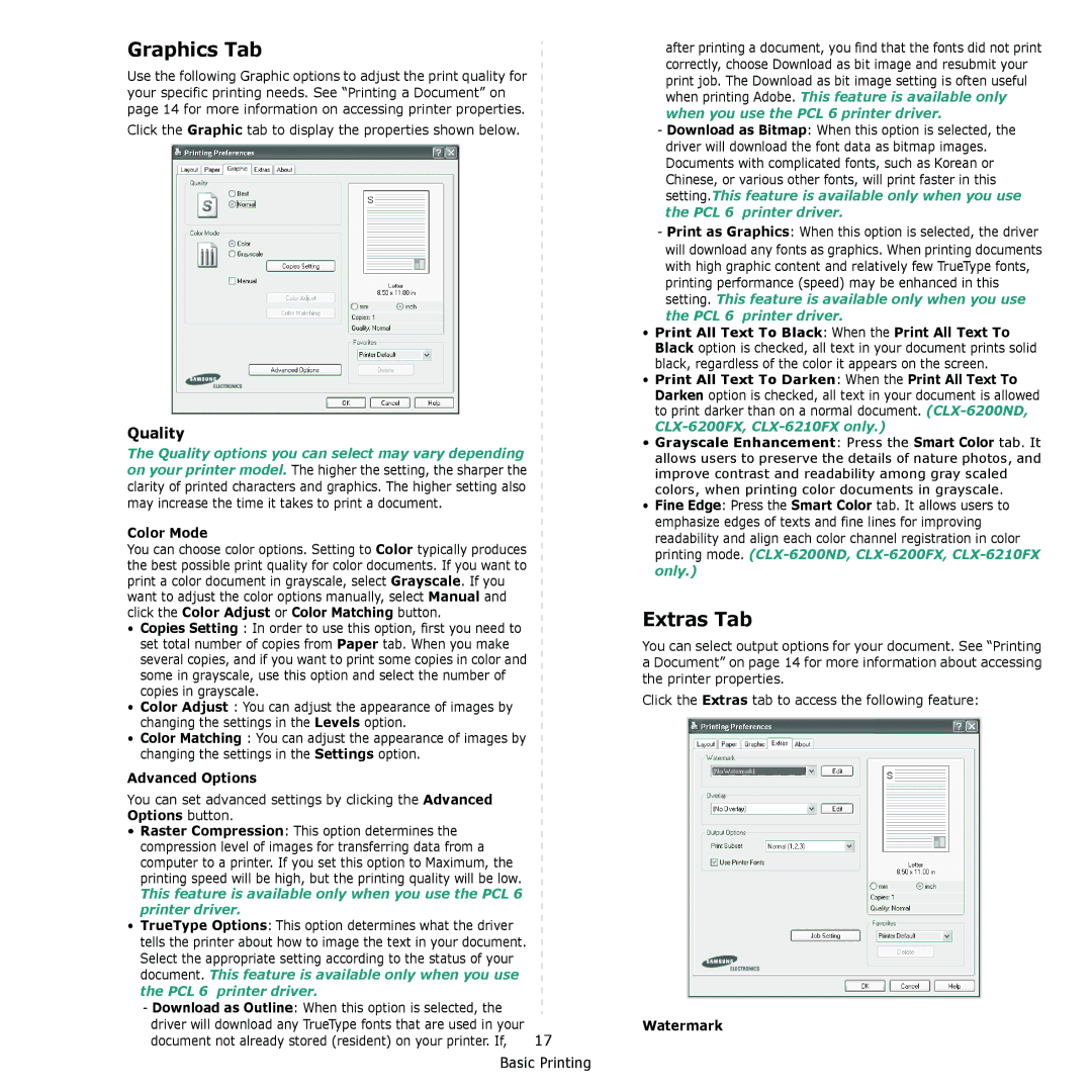 Muratec MFX-C2500 manual Graphics Tab, Extras Tab, Color Mode, Advanced Options, Watermark 