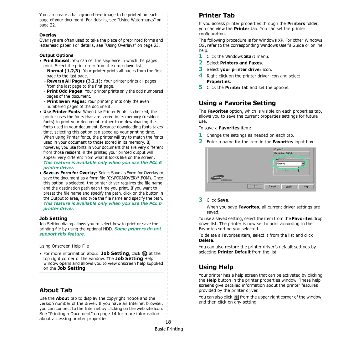 Muratec MFX-C2500 manual About Tab, Printer Tab, Using a Favorite Setting, Using Help 