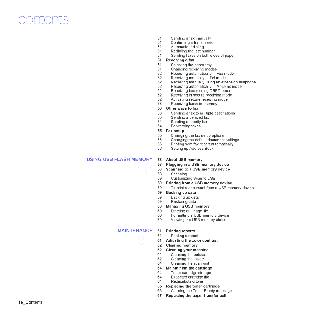 Muratec MFX-C2500 manual Receiving a fax, Other ways to fax, Fax setup, Printing from a USB memory device, Backing up data 