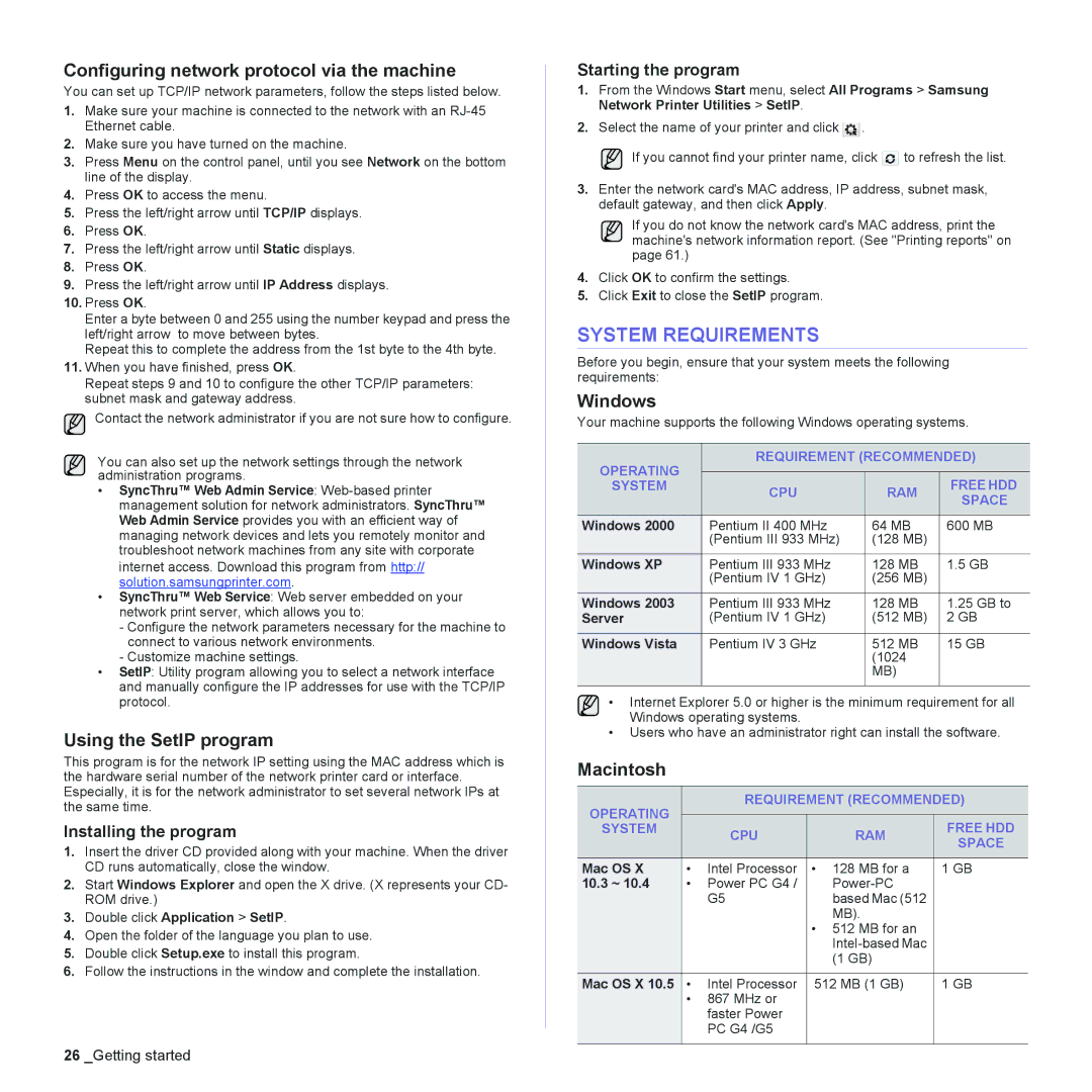 Muratec MFX-C2500 System Requirements, Configuring network protocol via the machine, Using the SetIP program, Windows 