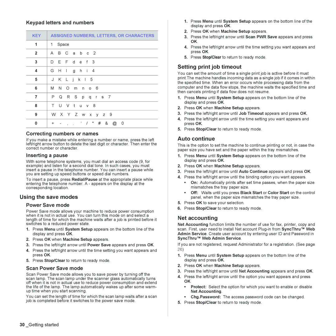 Muratec MFX-C2500 manual Using the save modes, Setting print job timeout, Auto continue, Net accounting 