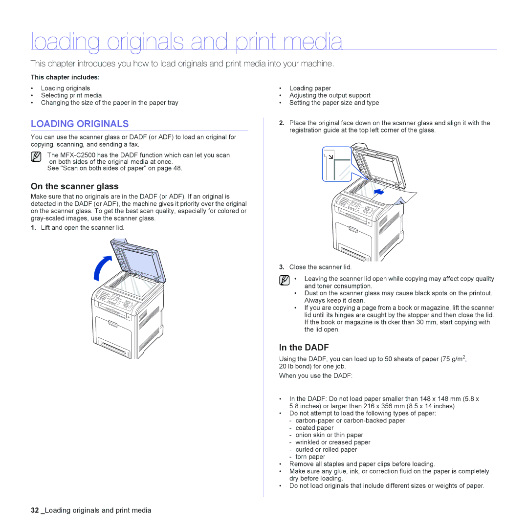 Muratec MFX-C2500 manual Loading originals and print media, Loading Originals, On the scanner glass, Dadf 