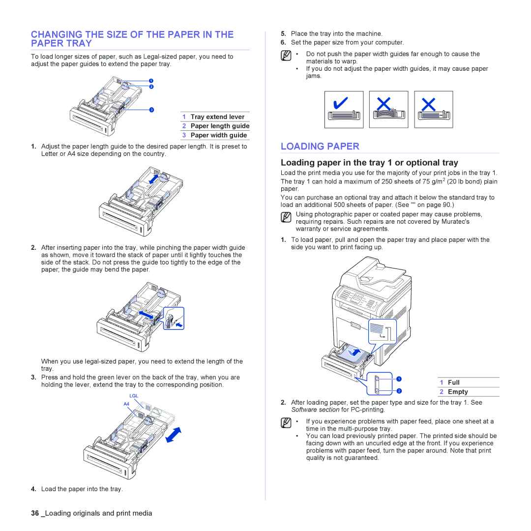 Muratec MFX-C2500 manual Changing the Size of the Paper in the Paper Tray, Loading Paper 