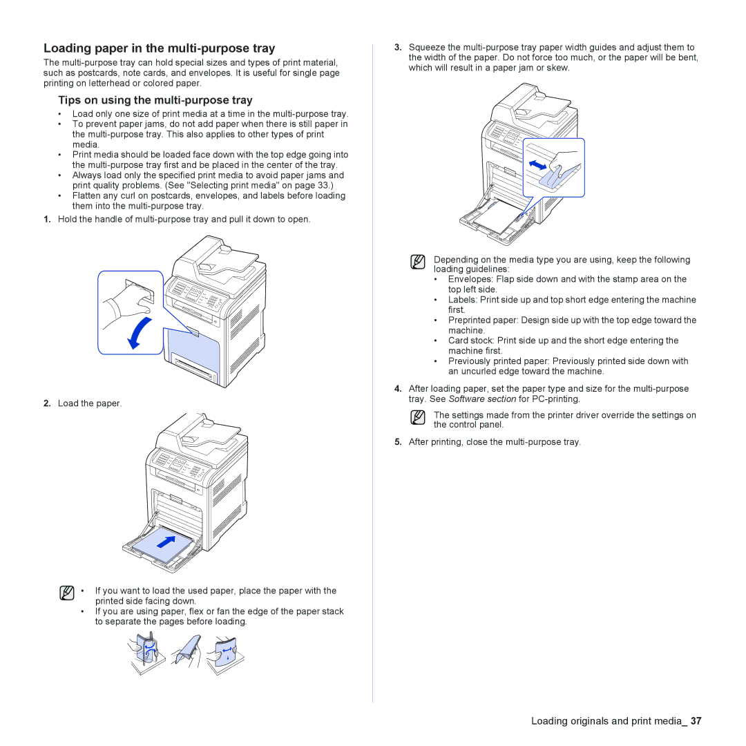 Muratec MFX-C2500 manual Loading paper in the multi-purpose tray, Tips on using the multi-purpose tray 