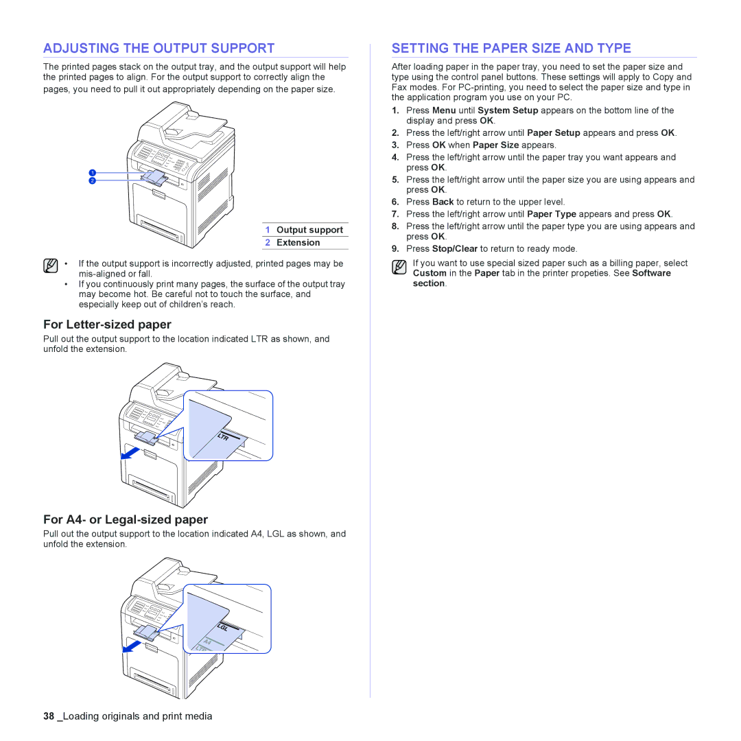 Muratec MFX-C2500 manual Adjusting the Output Support, Setting the Paper Size and Type, For Letter-sized paper 