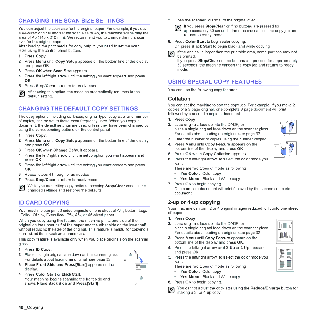 Muratec MFX-C2500 manual Changing the Scan Size Settings, Changing the Default Copy Settings, ID Card Copying 