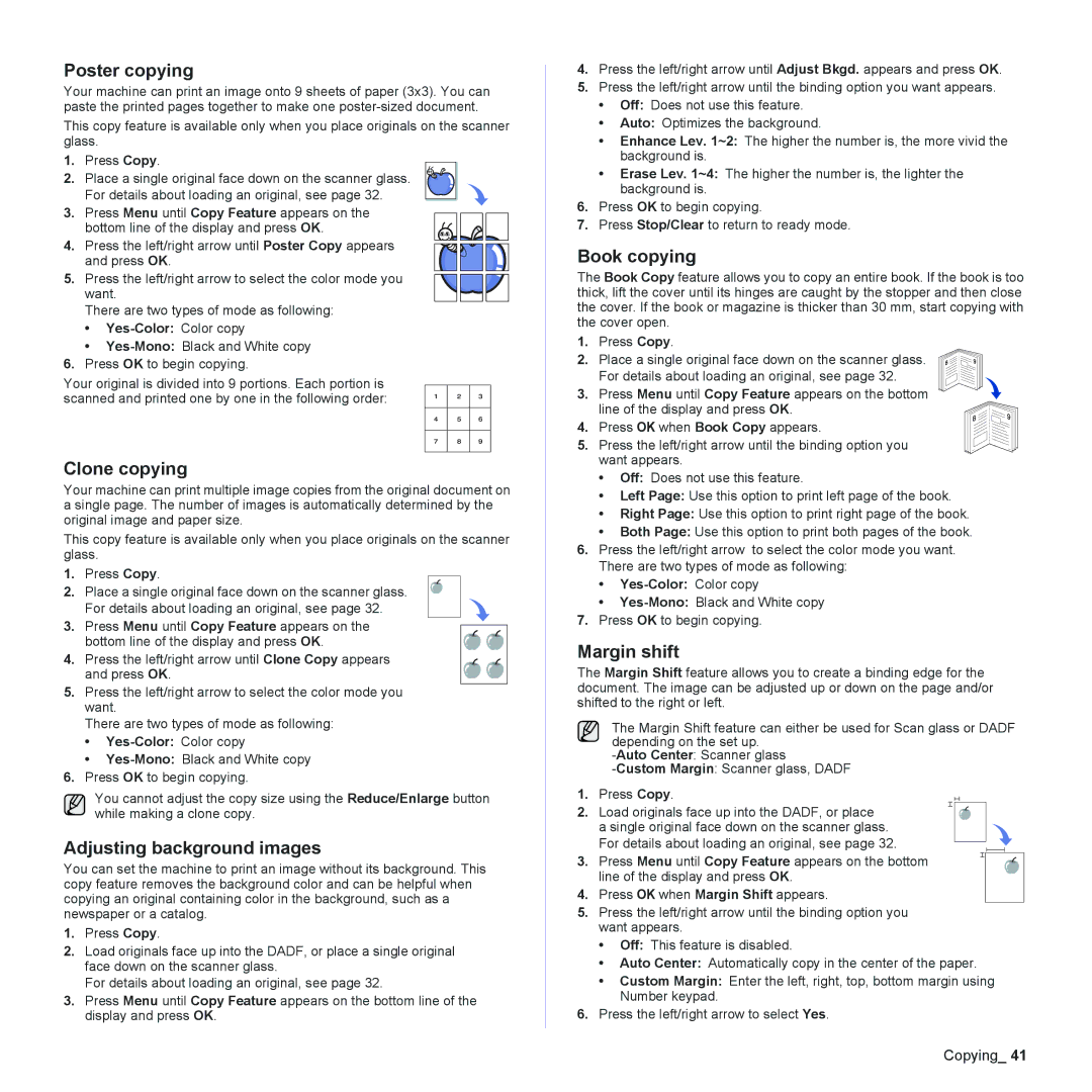 Muratec MFX-C2500 manual Poster copying, Clone copying, Adjusting background images, Book copying, Margin shift 