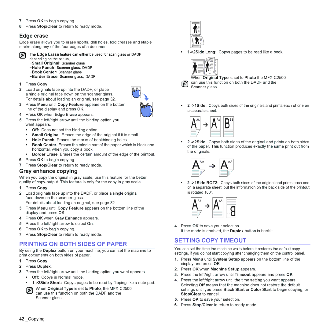 Muratec MFX-C2500 manual Printing on Both Sides of Paper, Setting Copy Timeout, Edge erase, Gray enhance copying 