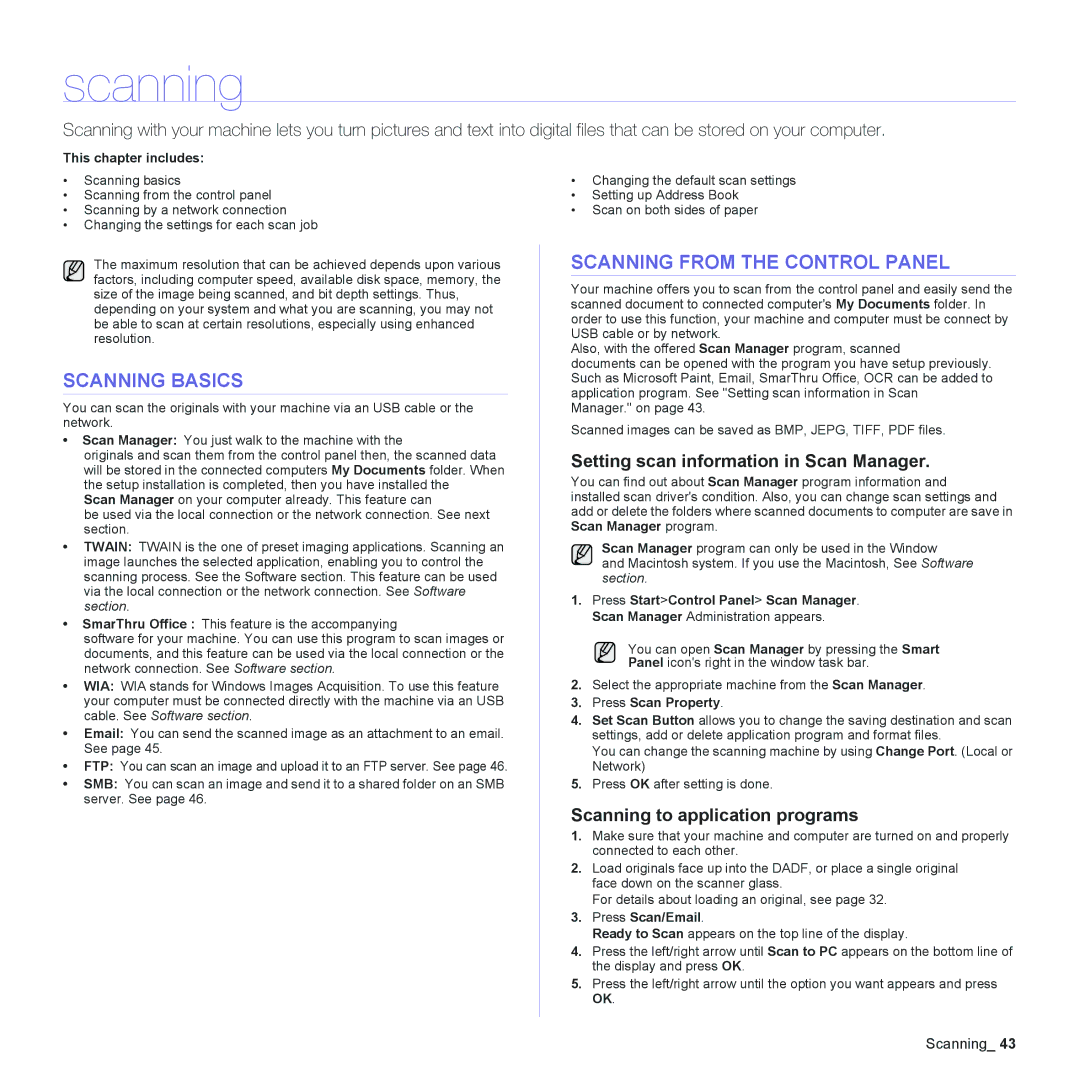 Muratec MFX-C2500 manual Scanning Basics, Scanning from the Control Panel, Setting scan information in Scan Manager 