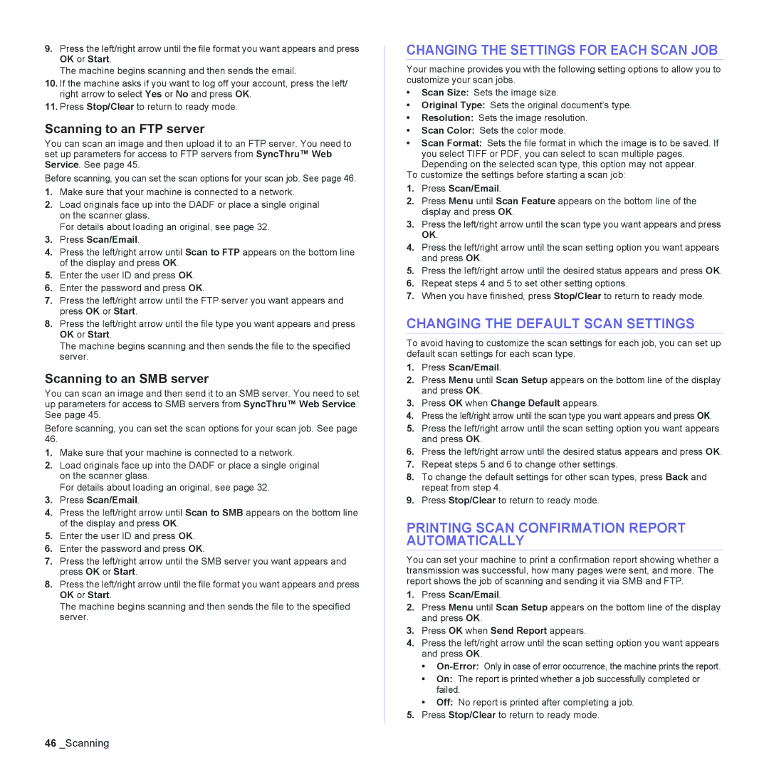 Muratec MFX-C2500 Changing the Settings for Each Scan JOB, Changing the Default Scan Settings, Scanning to an FTP server 