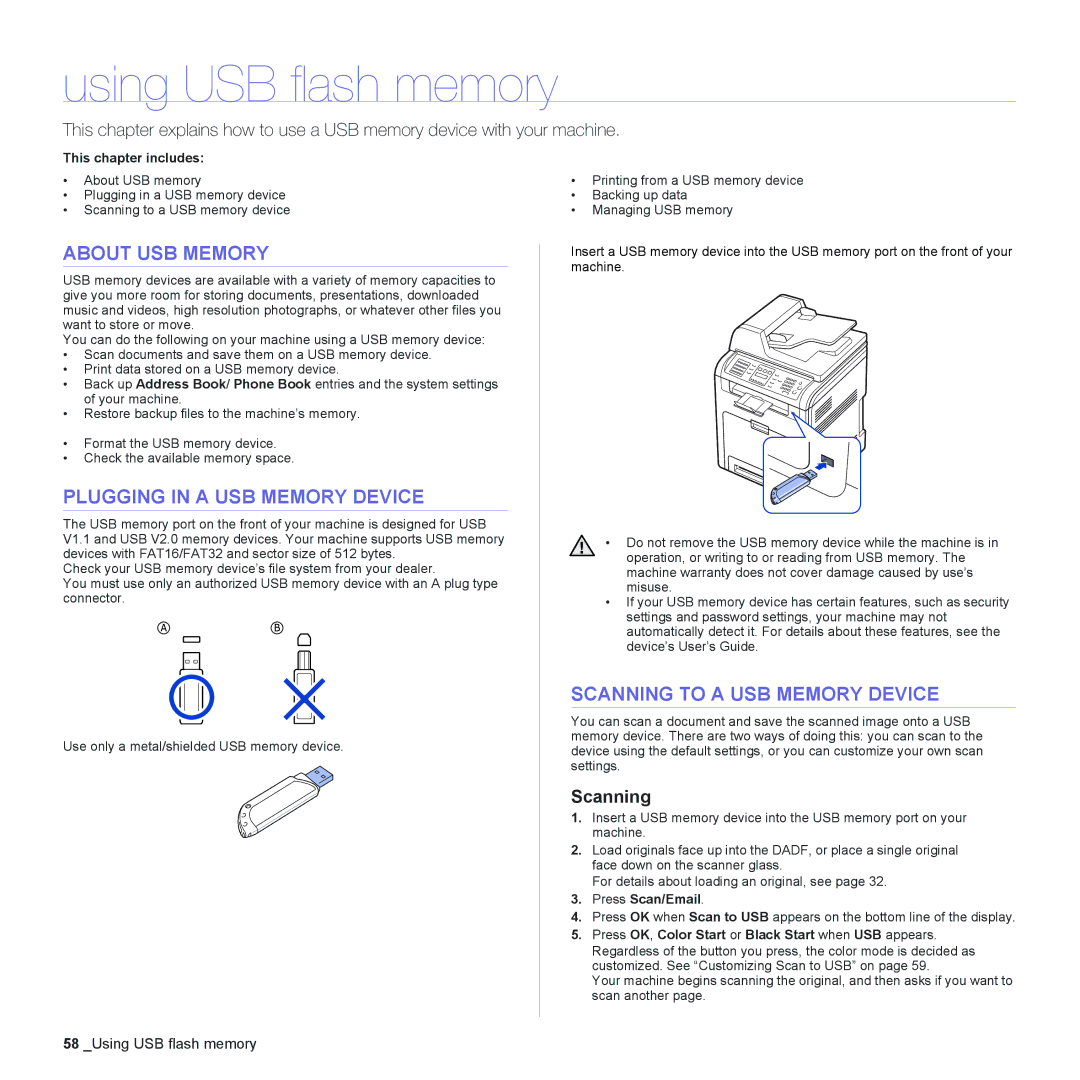 Muratec MFX-C2500 manual Using USB flash memory, About USB Memory, Plugging in a USB Memory Device, Scanning 