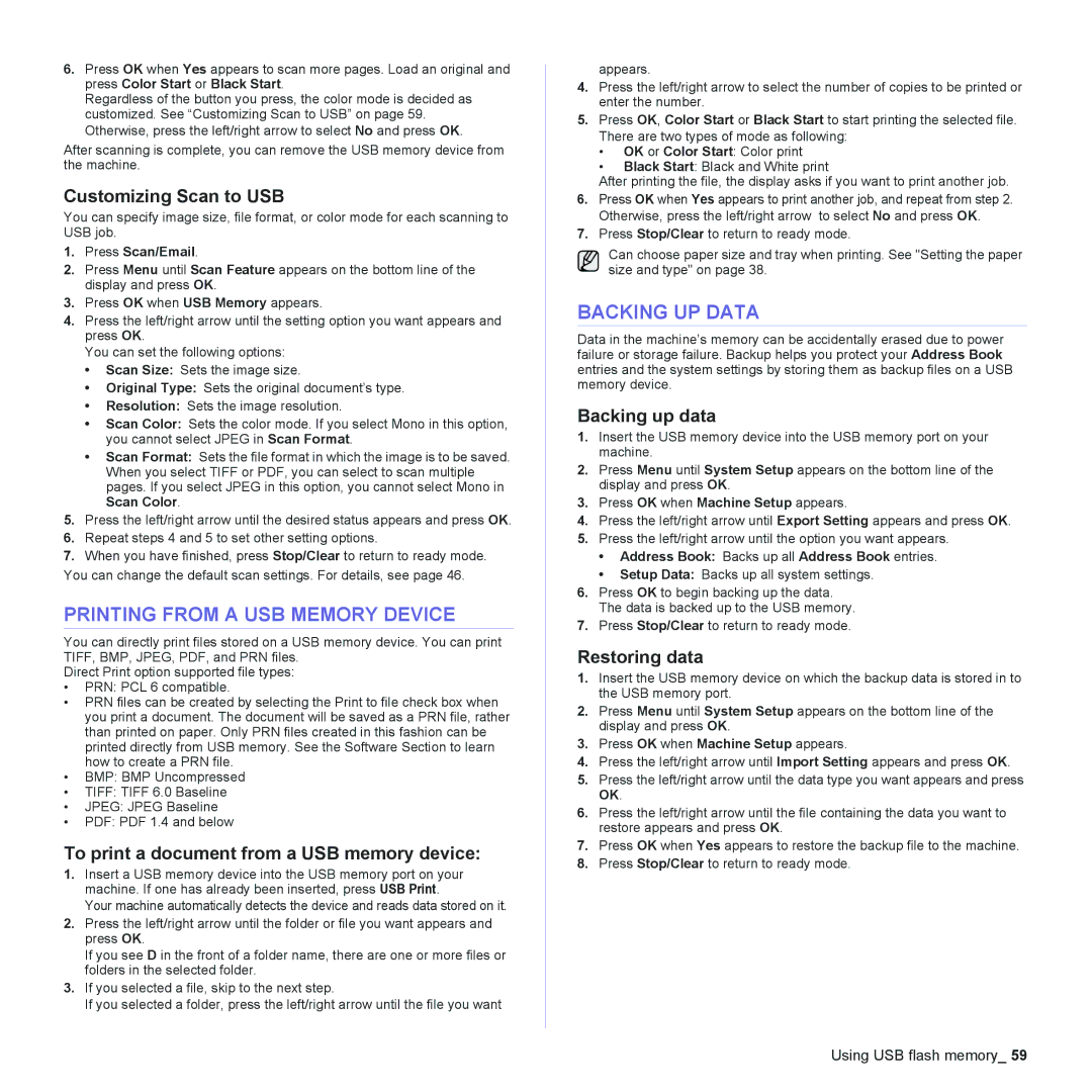 Muratec MFX-C2500 manual Printing from a USB Memory Device, Backing UP Data 