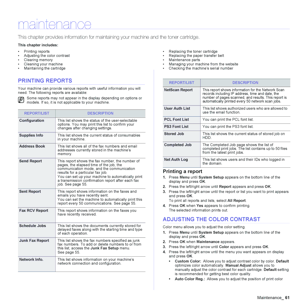 Muratec MFX-C2500 Maintenance, Printing Reports, Adjusting the Color Contrast, Printing a report, REPORT/LIST Description 