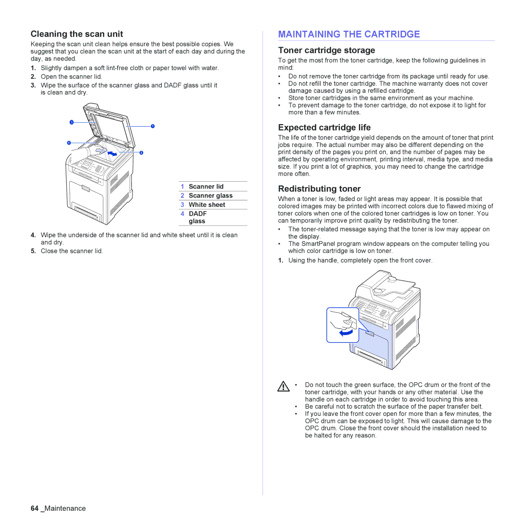 Muratec MFX-C2500 Maintaining the Cartridge, Cleaning the scan unit, Toner cartridge storage, Expected cartridge life 