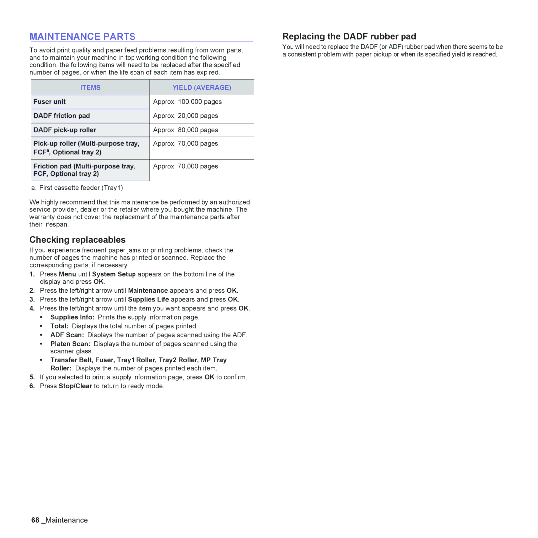 Muratec MFX-C2500 manual Maintenance Parts, Checking replaceables, Replacing the Dadf rubber pad, Items Yield Average 