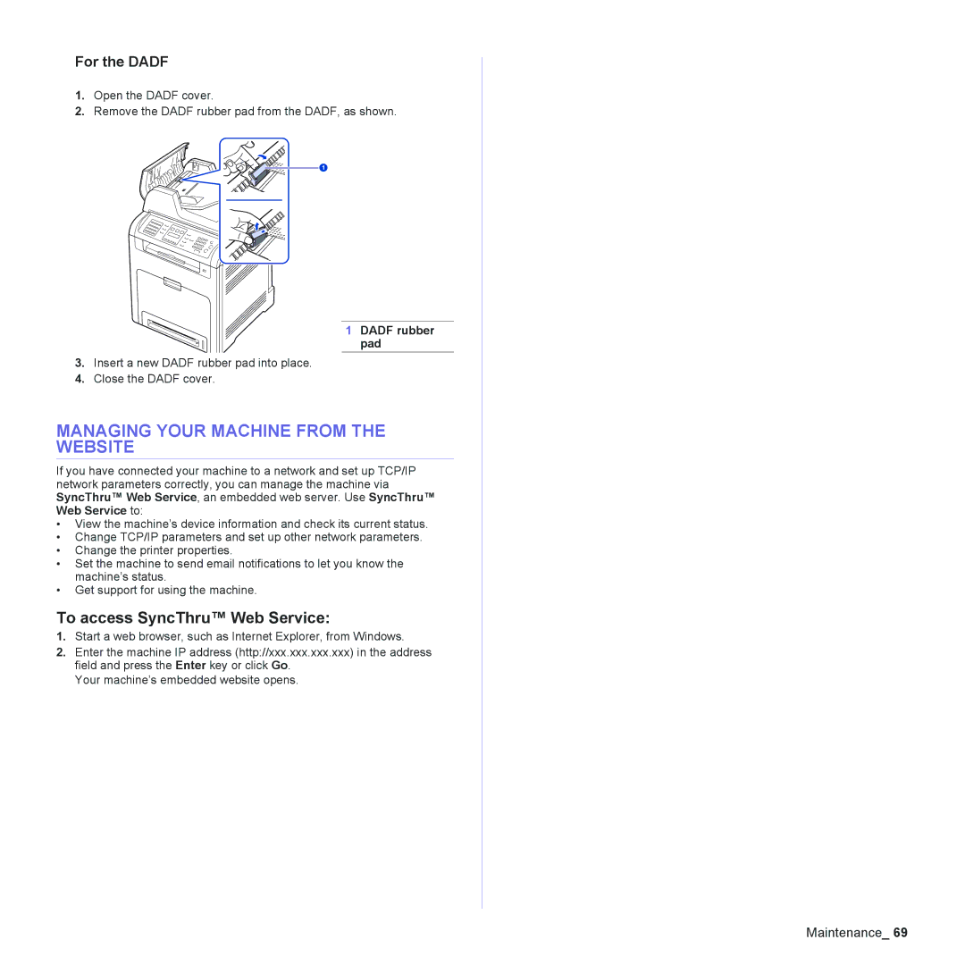 Muratec MFX-C2500 Managing Your Machine from the Website, To access SyncThru Web Service, For the Dadf, Dadf rubber pad 