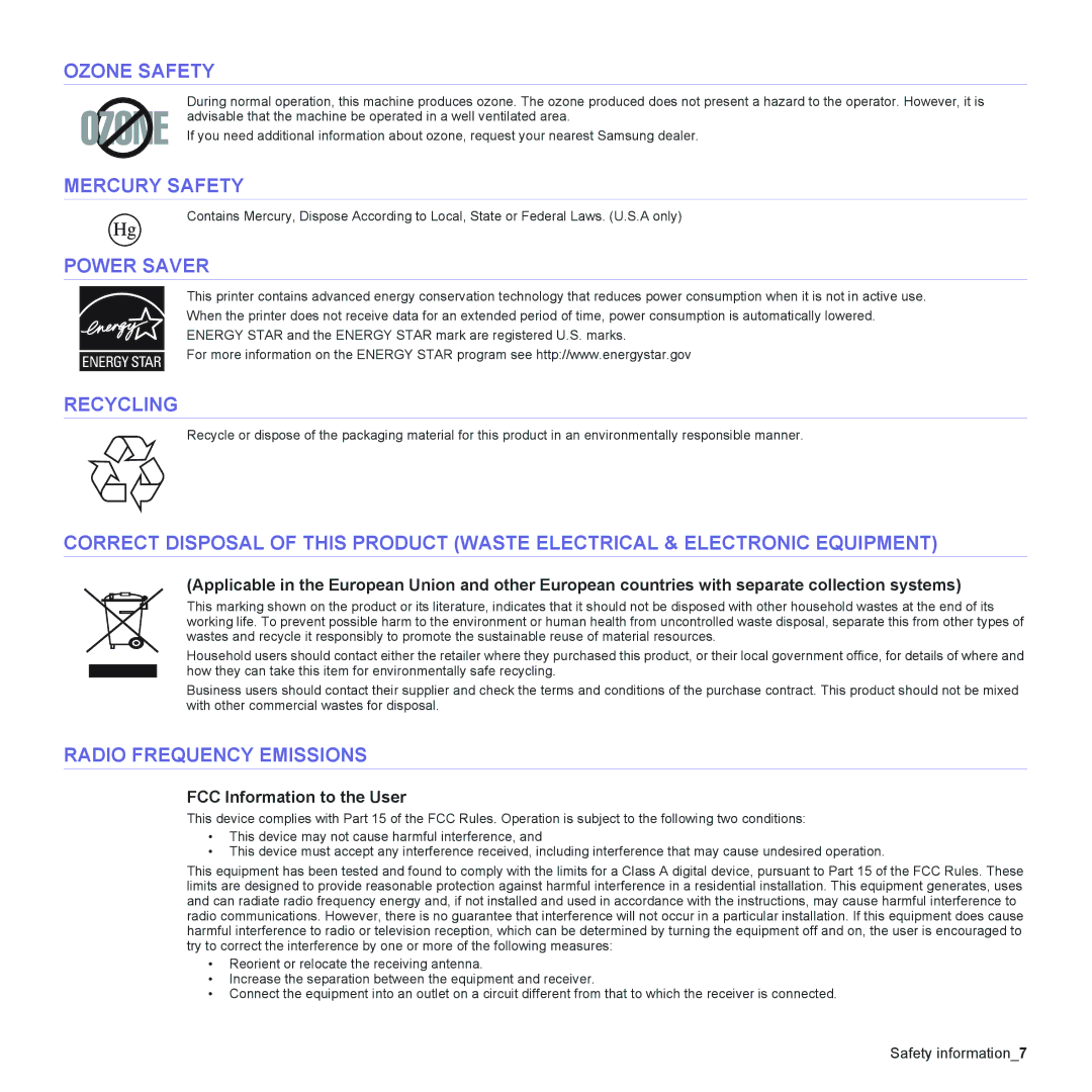 Muratec MFX-C2500 manual Ozone Safety, Mercury Safety, Power Saver, Recycling, Radio Frequency Emissions 