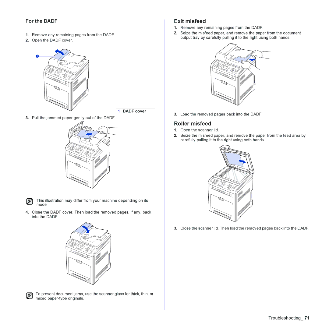 Muratec MFX-C2500 manual Exit misfeed, Roller misfeed, Dadf cover 