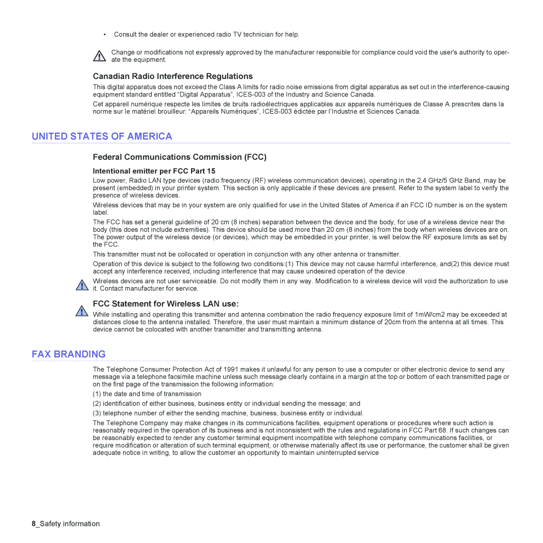 Muratec MFX-C2500 manual United States of America, FAX Branding, Canadian Radio Interference Regulations 