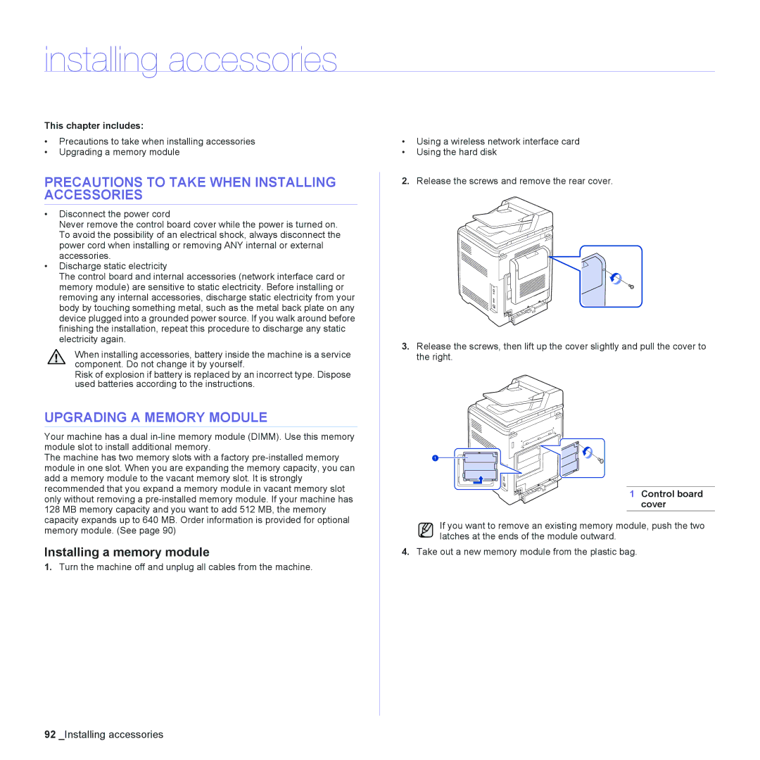 Muratec MFX-C2500 manual Installing accessories, Precautions to Take When Installing Accessories, Upgrading a Memory Module 