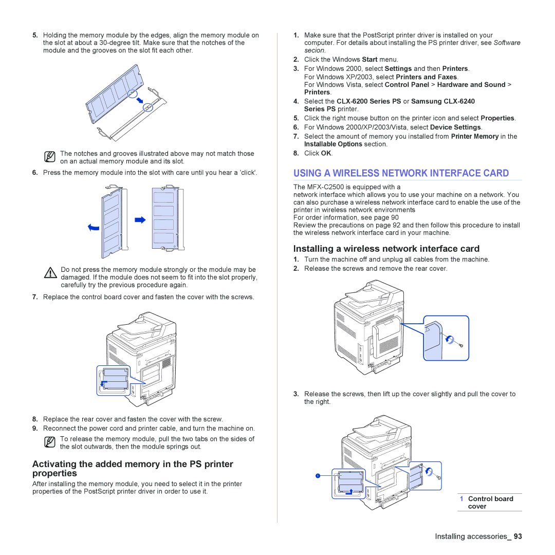 Muratec MFX-C2500 manual Using a Wireless Network Interface Card, Activating the added memory in the PS printer properties 