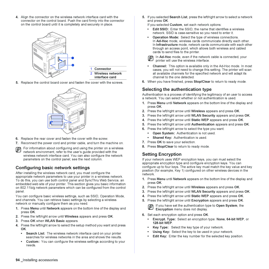 Muratec MFX-C2500 manual Configuring basic network settings, Selecting the authentication type, Setting Encryption 