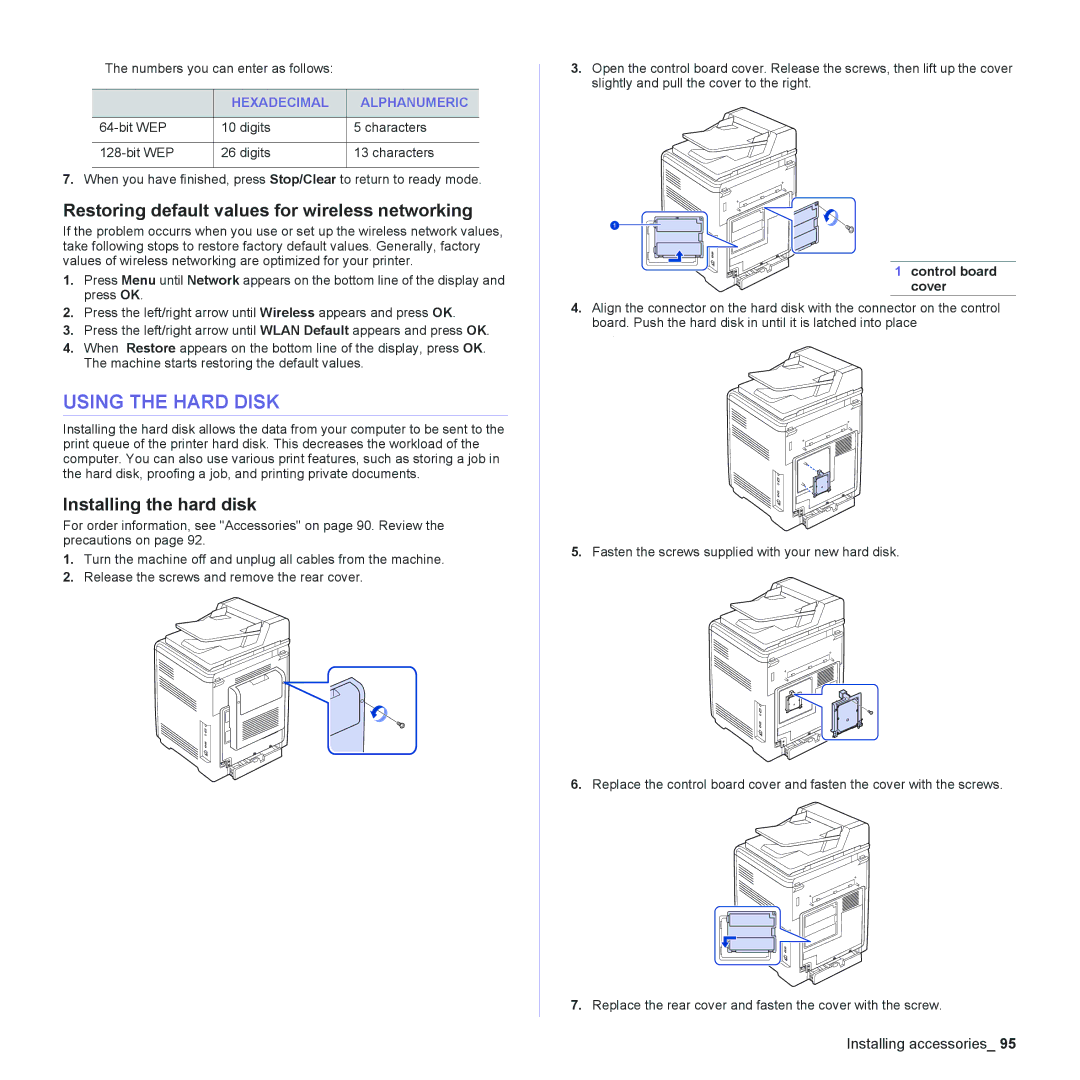 Muratec MFX-C2500 manual Using the Hard Disk, Restoring default values for wireless networking, Installing the hard disk 