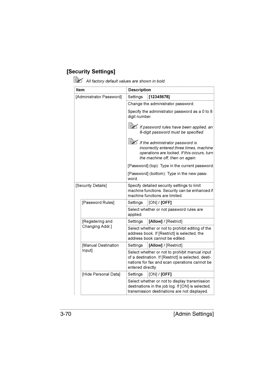 Muratec MFX-C3035 manual Security Settings, 12345678, Digit password must be specified,  If the administrator password is 