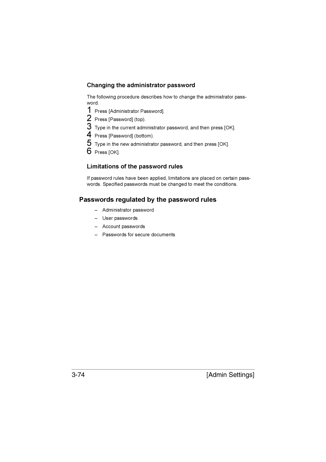 Muratec MFX-C3035 manual Passwords regulated by the password rules, Changing the administrator password 