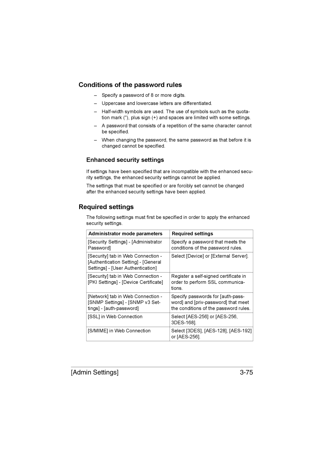 Muratec MFX-C3035 manual Conditions of the password rules, Required settings, Enhanced security settings 