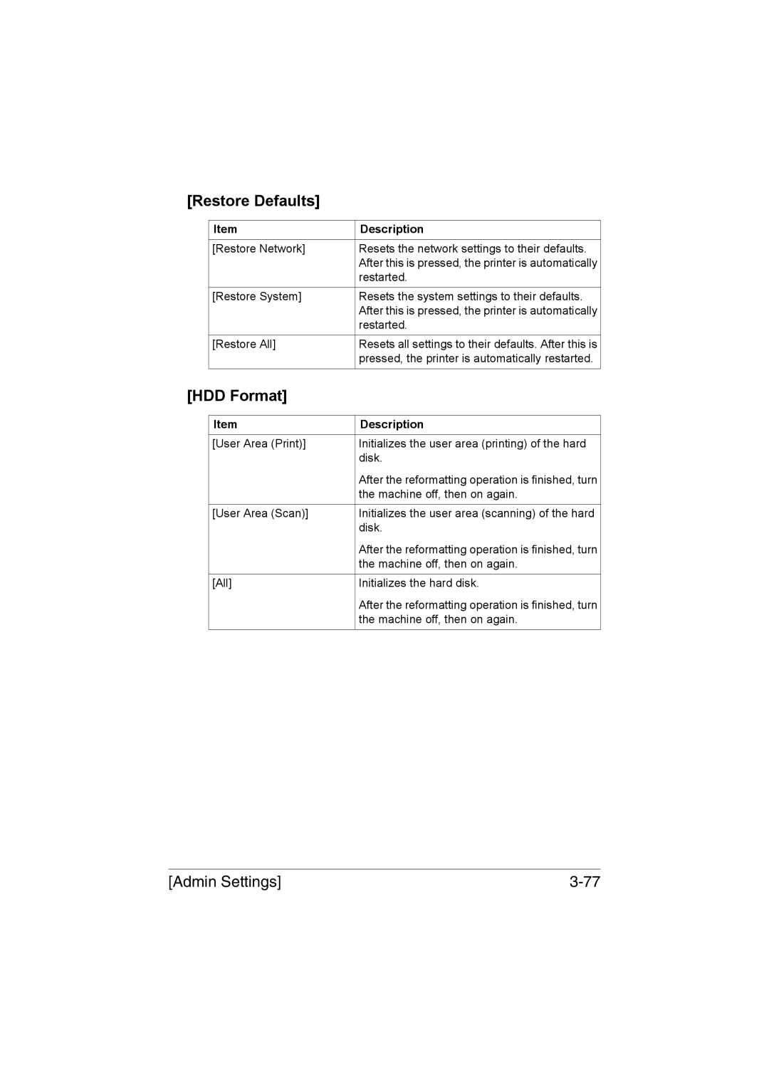 Muratec MFX-C3035 manual Restore Defaults, HDD Format 