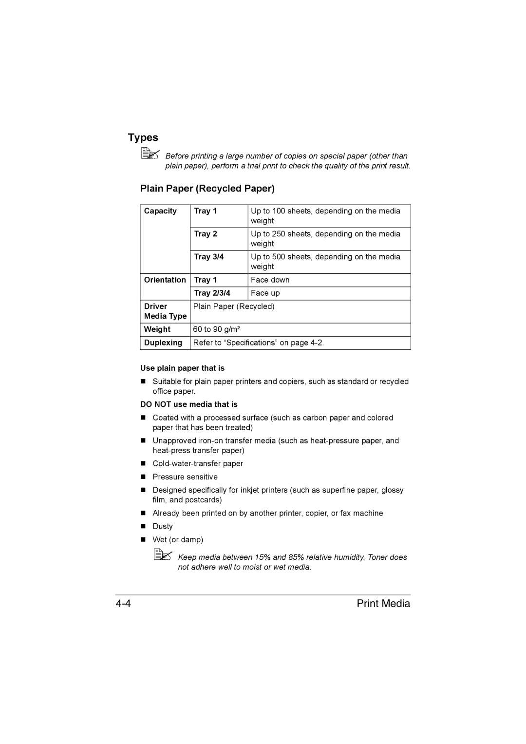 Muratec MFX-C3035 manual Types, Plain Paper Recycled Paper 