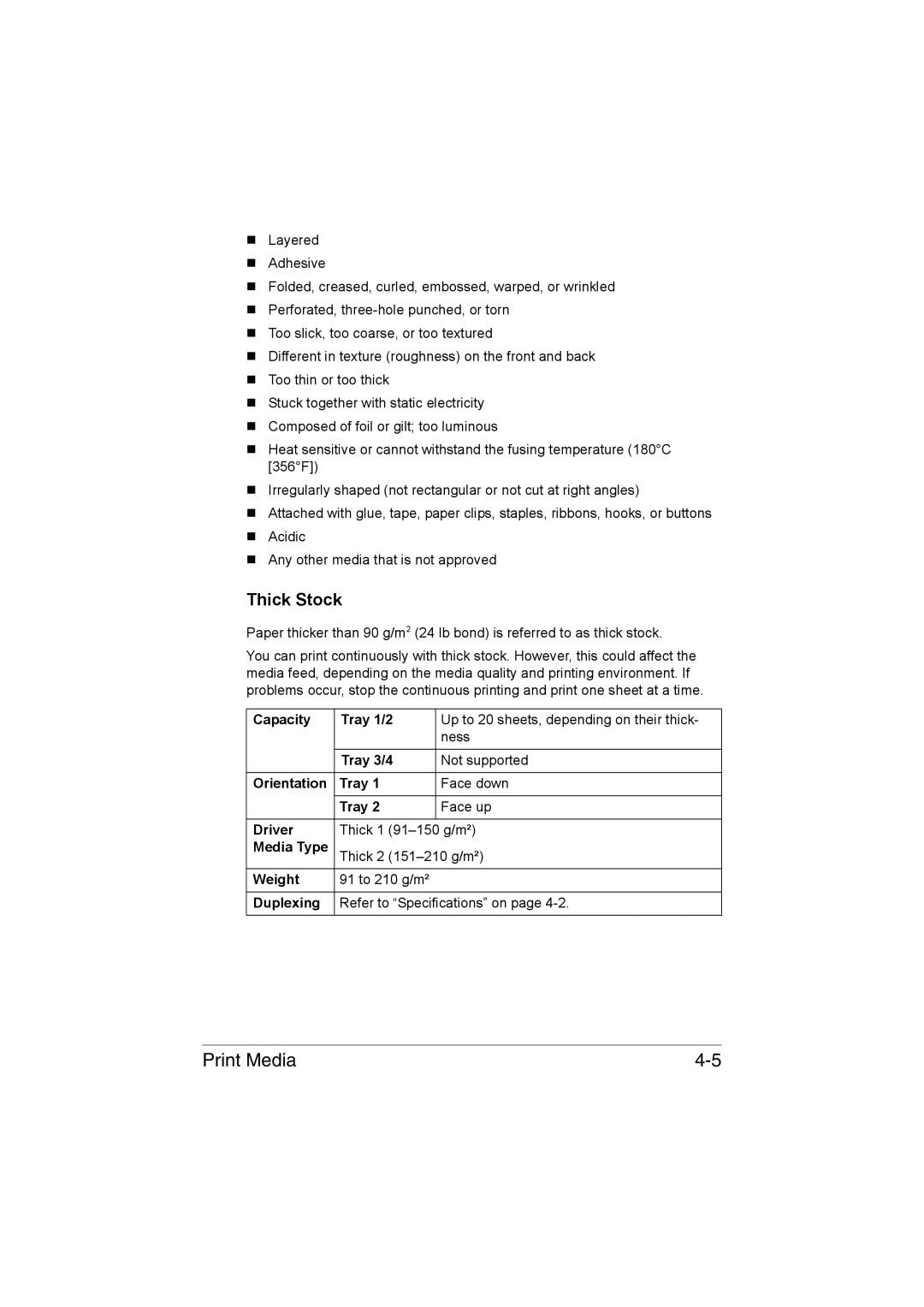 Muratec MFX-C3035 manual Thick Stock, Capacity Tray 1/2, Media Type 